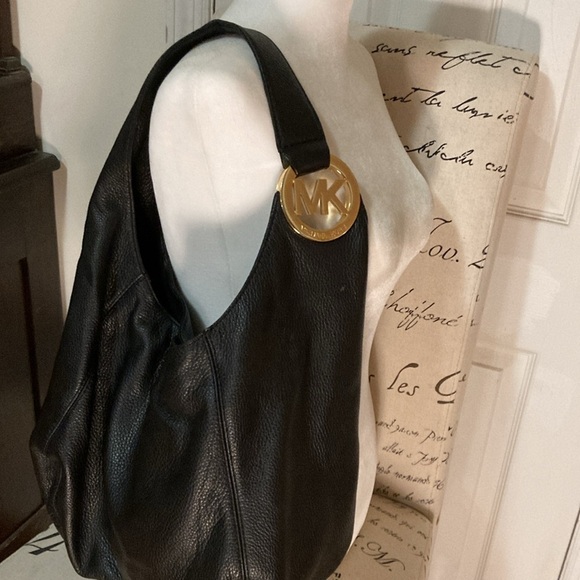 BLACK LEATHER MK Michael KORS HOBO SHOULDERBAG WITH GOLD MK GORGEOUS - Picture 3 of 11